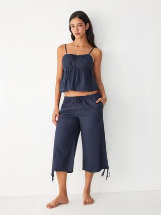 100% Cotton Square Neck Bowknot Cami Top & Mid Rise Loungewear Set