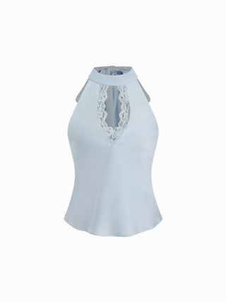 Satin Stand Collar Lace Panel Cut Out Halter Backless Cami Blouse