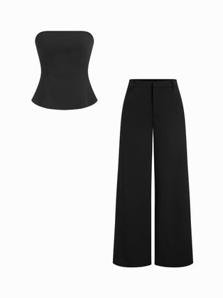 Peplum Bandeau Top & Mid Rise Straight Leg Trousers Set