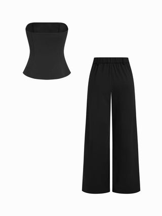 Peplum Bandeau Top & Mid Rise Straight Leg Trousers Set