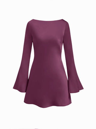 Satin Boat Neck Bell Sleeve Backless Mini Dress