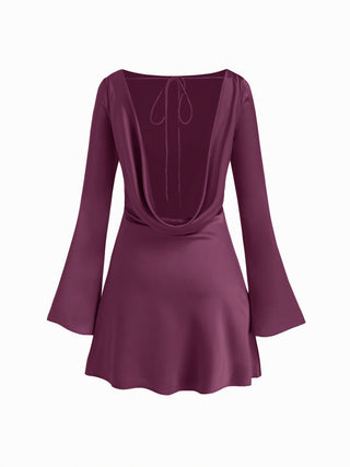 Satin Boat Neck Bell Sleeve Backless Mini Dress