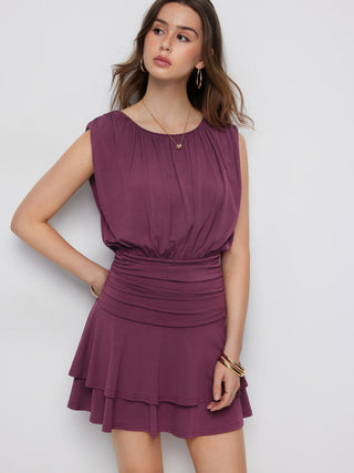 High Stretch Boat Neck Ruched Mid Rise A-line Mini Dress