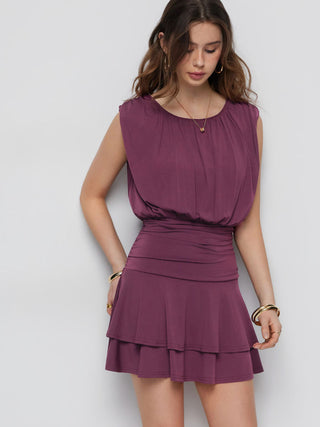 High Stretch Boat Neck Ruched Mid Rise A-line Mini Dress