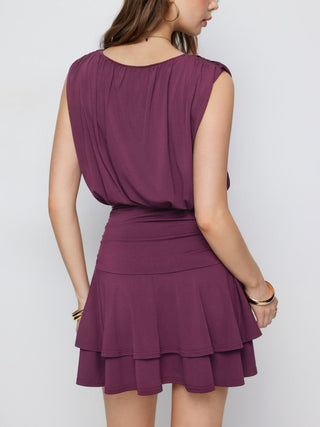 High Stretch Boat Neck Ruched Mid Rise A-line Mini Dress