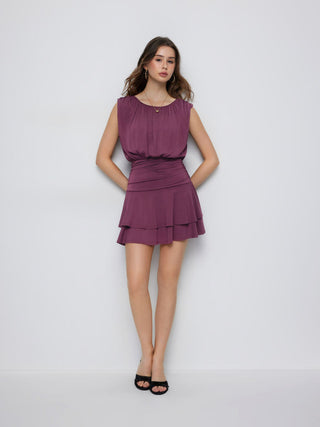 High Stretch Boat Neck Ruched Mid Rise A-line Mini Dress