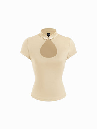 Mandarin Collar Short Sleeve Cut Out Top