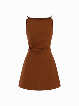 Square Neck Beaded Ruched A-line Cami Mini Dress