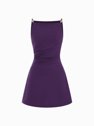 Square Neck Beaded Ruched A-line Cami Mini Dress