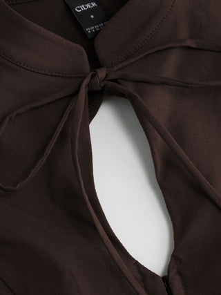 Stand Collar Short Sleeve Tie Front Cut Out Backless Slim Blouse