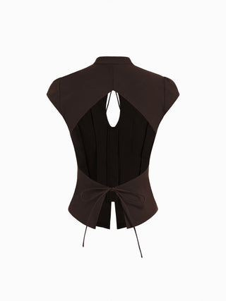 Stand Collar Short Sleeve Tie Front Cut Out Backless Slim Blouse