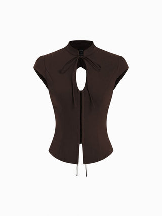 Stand Collar Short Sleeve Tie Front Cut Out Backless Slim Blouse