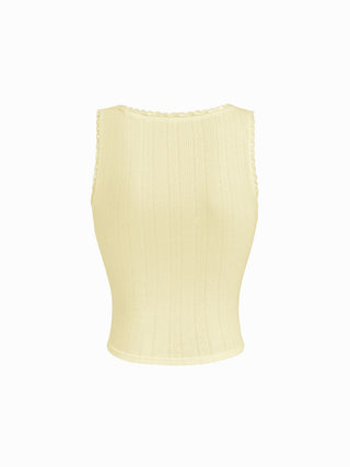 Pointelle Textured Scoop Neck Lace Trim Bowknot Tank Top