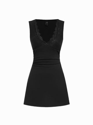 Cotton-blend V-neck Lace Trim A-line Mini Dress