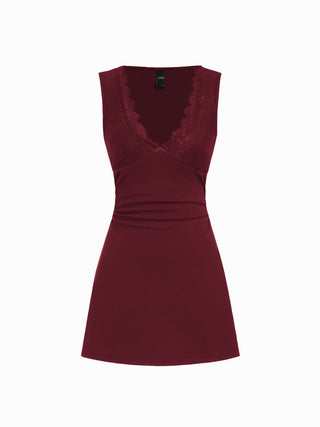 Cotton-blend V-neck Lace Trim A-line Mini Dress