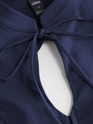 Stand Collar Short Sleeve Tie Front Cut Out Backless Slim Blouse