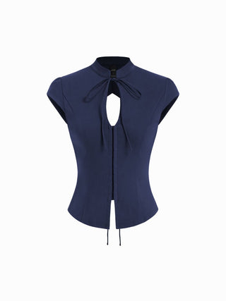 Stand Collar Short Sleeve Tie Front Cut Out Backless Slim Blouse