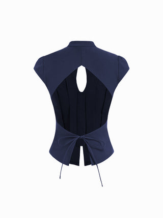 Stand Collar Short Sleeve Tie Front Cut Out Backless Slim Blouse