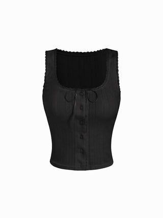 Pointelle Textured Scoop Neck Lace Trim Bowknot Tank Top