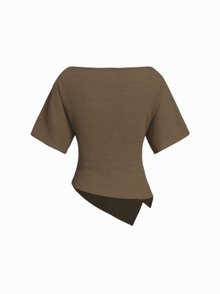 Textured Boat Neck Ruched Asymmetrical Hem Short Sleeve Tee