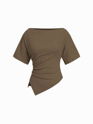Textured Boat Neck Ruched Asymmetrical Hem Short Sleeve Tee