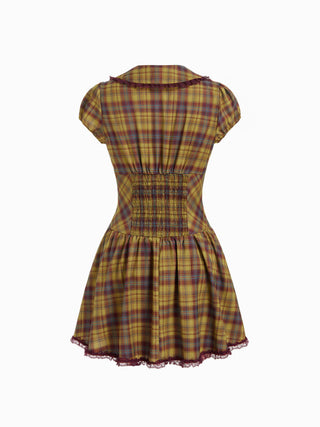 Plaid Peter Pan Collar Puff Sleeve Lace Trim Low Rise Mini Dress