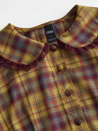 Plaid Peter Pan Collar Puff Sleeve Lace Trim Low Rise Mini Dress
