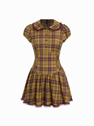 Plaid Peter Pan Collar Puff Sleeve Lace Trim Low Rise Mini Dress