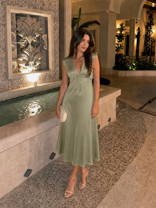 Satin V-neck Twist Knotted A-line Maxi Dress