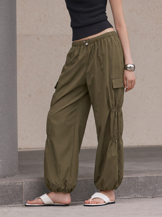 Mid Rise Ruched Drawstring Cargo Jogger Trousers