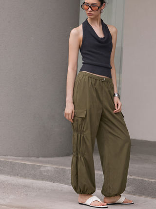 Mid Rise Ruched Drawstring Cargo Jogger Trousers