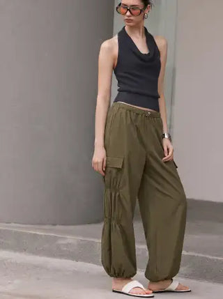 Mid Rise Ruched Drawstring Cargo Jogger Trousers