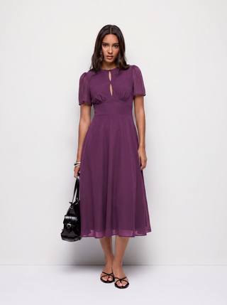 Chiffon Puff Sleeve Ruched Cut Out A-line Maxi Dress
