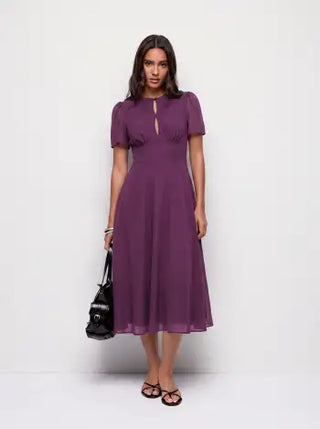Chiffon Puff Sleeve Ruched Cut Out A-line Maxi Dress