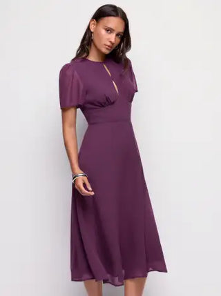 Chiffon Puff Sleeve Ruched Cut Out A-line Maxi Dress