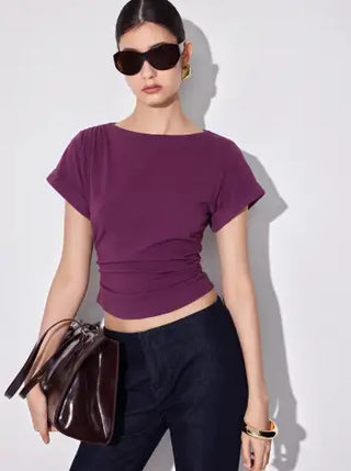 Cotton-blend Boat Neck Ruched Short Sleeve Tee