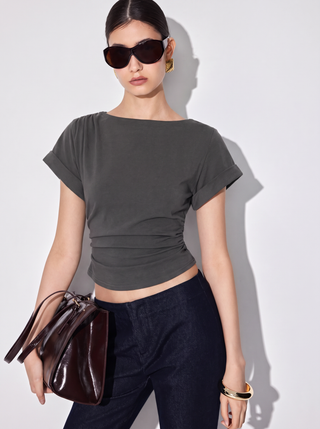 Cotton-blend Boat Neck Ruched Short Sleeve Tee