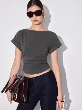Cotton-blend Boat Neck Ruched Short Sleeve Tee