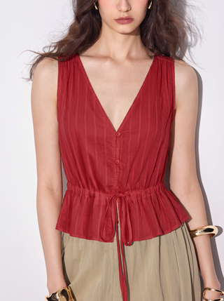 100% Cotton V-neck Drawstring Peplum Blouse