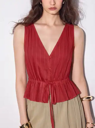 100% Cotton V-neck Drawstring Peplum Blouse