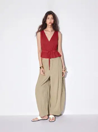 100% Cotton V-neck Drawstring Peplum Blouse