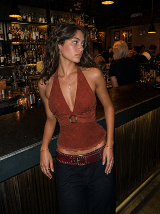 Floral Jacquard Lace Halter Neckline Ring Detail Tank Top