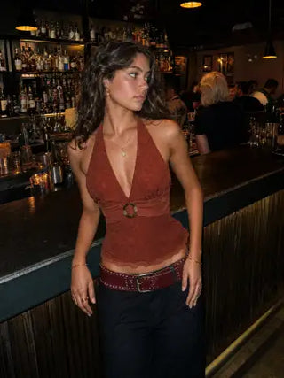 Floral Jacquard Lace Halter Neckline Ring Detail Tank Top