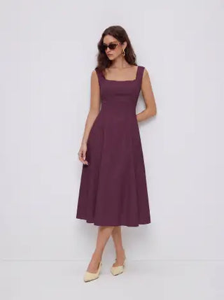 Cotton Square Neck Shirred Pocket A-line Midi Dress