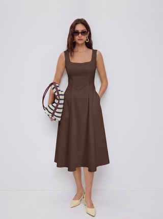 Cotton Square Neck Shirred Pocket A-line Midi Dress