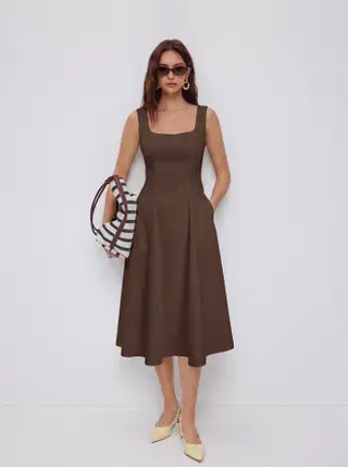 Cotton Square Neck Shirred Pocket A-line Midi Dress