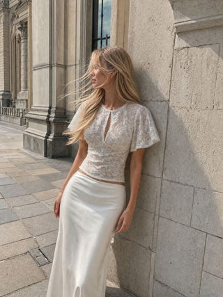 Lace Floral  Bell Sleeve Cut Out Top