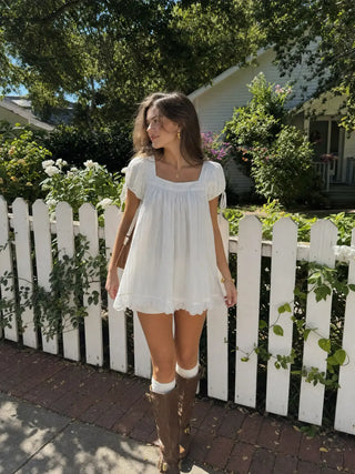 Square Neck Solid Ruffle Knotted Short Sleeve Blouse