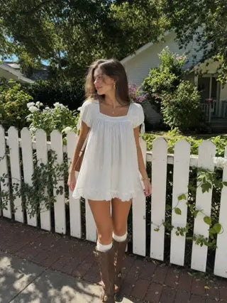 Square Neck Solid Ruffle Knotted Short Sleeve Blouse