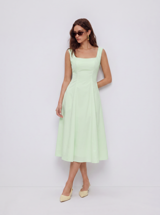 Cotton Square Neck Shirred Pocket A-line Midi Dress